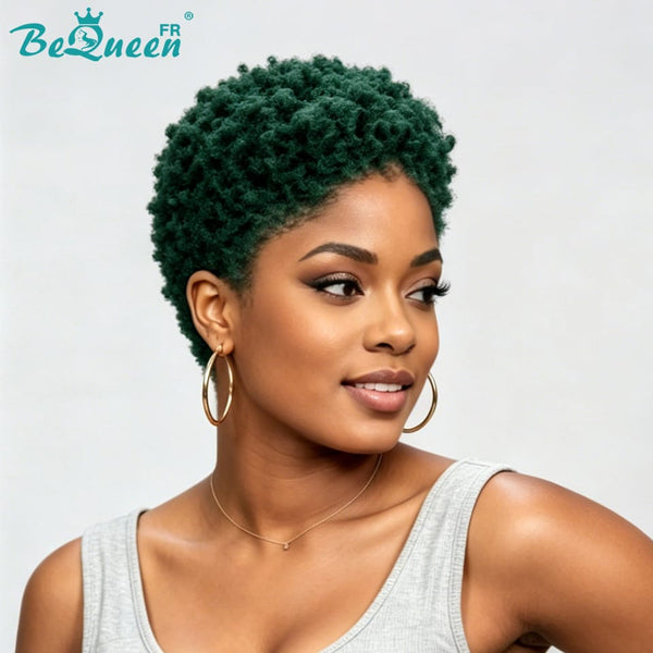 BeQueen "Edwina" Short Afro Wig, All Green, 13x4 Lace Front, Style 2
