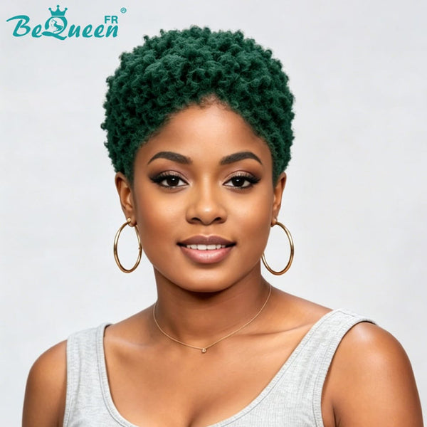 BeQueen "Edwina" Short Afro Wig, All Green, 13x4 Lace Front, Style 2