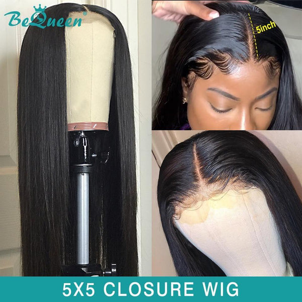 BeQueen Lace Wig Closure 5x5 100% Human Hair 250% Density Great for Dark Skin Tone Women