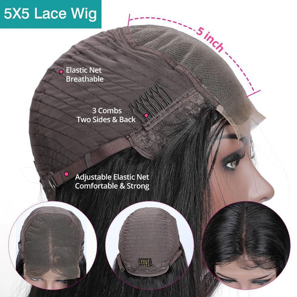 BeQueen Lace Wig Closure 5x5 100% Human Hair 250% Density Great for Dark Skin Tone Women