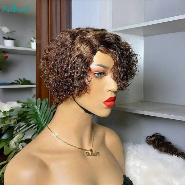 BeQueen Perruque “Nordica” pixie curly avec raie du côté sans colle 4 couleurs 100% cheveux humains