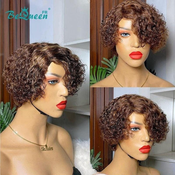 BeQueen Perruque “Nordica” pixie curly avec raie du côté sans colle 4 couleurs 100% cheveux humains