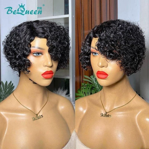 BeQueen Perruque “Nordica” pixie curly avec raie du côté sans colle 4 couleurs 100% cheveux humains