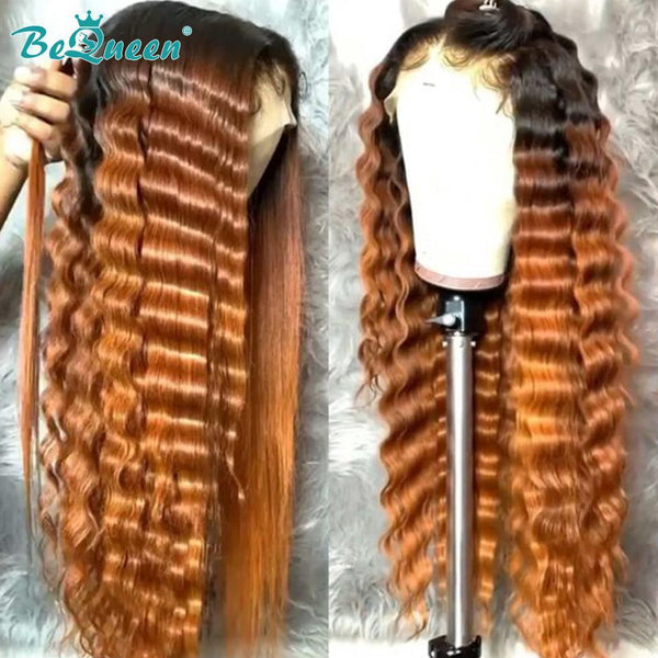 BeQueen Ombre Hair Wig 100% Human Hair Color Orange Ginger Black Root