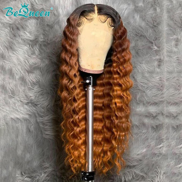 BeQueen Ombre Hair Wig 100% Human Hair Color Orange Ginger Black Root