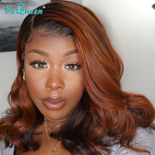 BeQueen Ombre Hair Wig 100% Human Hair Color Orange Ginger Black Root