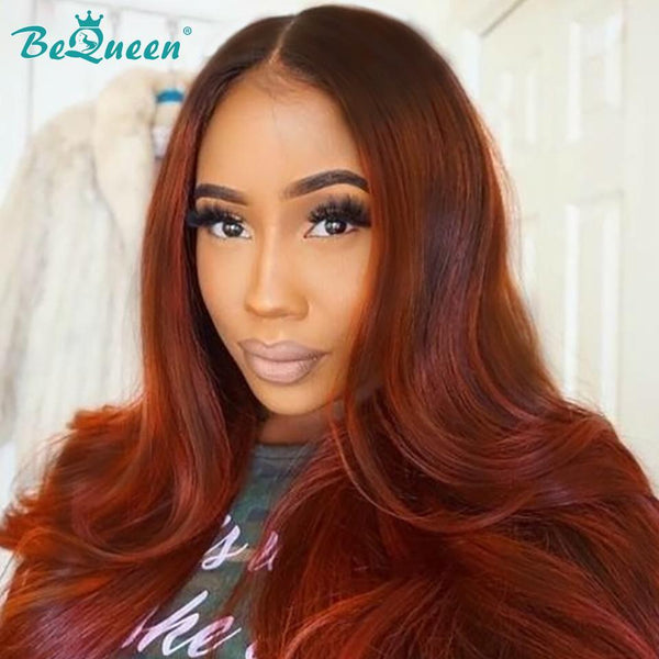BeQueen Ombre Hair Wig 100% Human Hair Color Orange Ginger Black Root