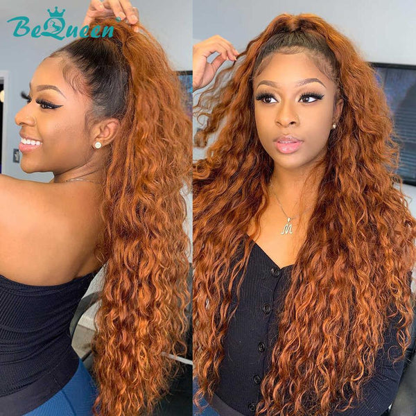 BeQueen Ombre Hair Wig 100% Human Hair Color Orange Ginger Black Root