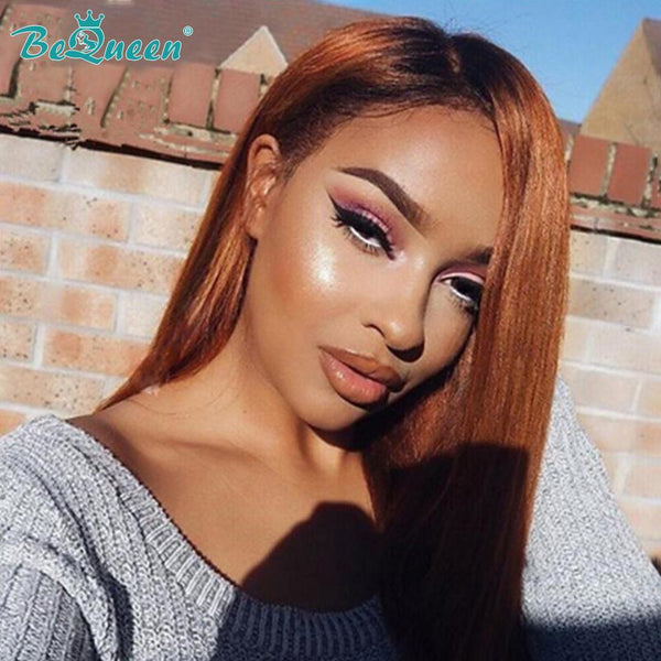 BeQueen Ombre Hair Wig 100% Human Hair Color Orange Ginger Black Root