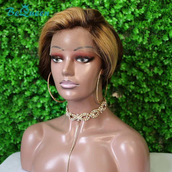 BeQueen Peluca Pixie Rizada Cabello Corto con cierre de encaje 4x4 de color Castaño y Miel 