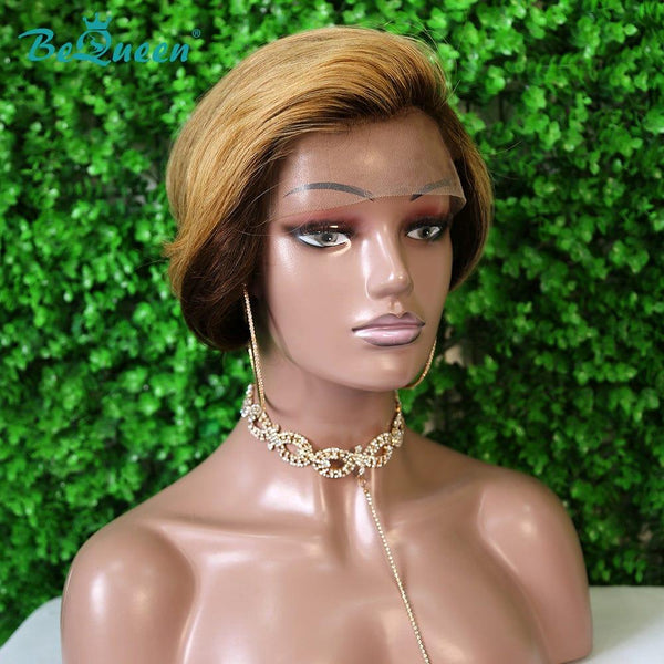 BeQueen Peluca Pixie Rizada Cabello Corto con cierre de encaje 4x4 de color Castaño y Miel 