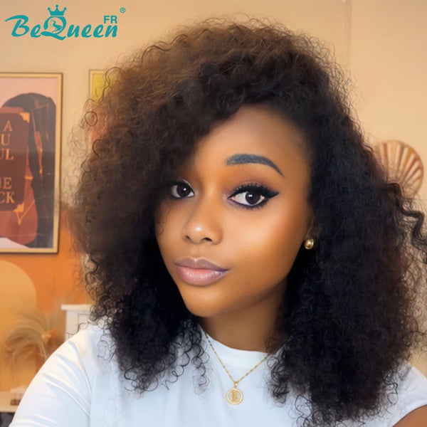 BeQueen “Anaé” Peruca Bob kinky encaracolada curta em camadas com meia-touca mecanizada