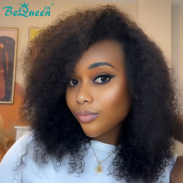 BeQueen “Anaé” Peruca Bob kinky encaracolada curta em camadas com meia-touca mecanizada