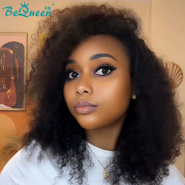 BeQueen “Anaé” Peruca Bob kinky encaracolada curta em camadas com meia-touca mecanizada