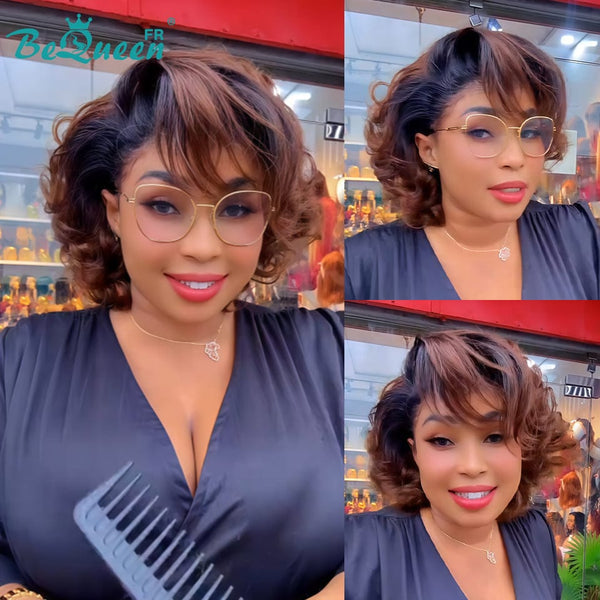 BeQueen “Evalope” Perruque Bob avec Bouncy Egg curly sans colle Noir et Maroon 14 pouces