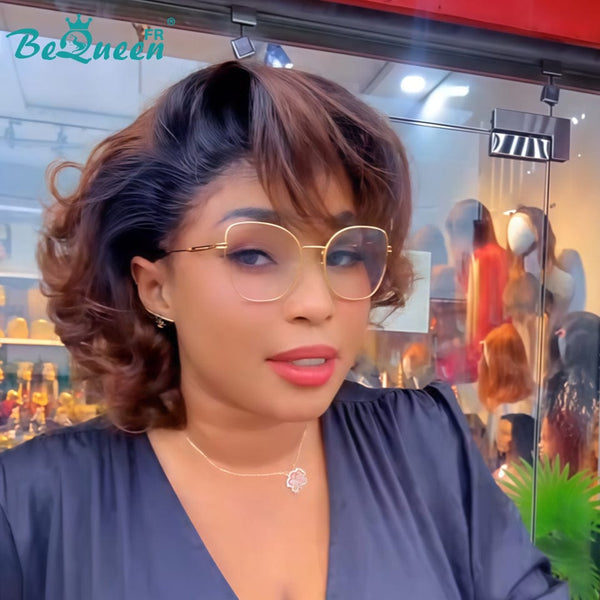 BeQueen “Evalope” Perruque Bob avec Bouncy Egg curly sans colle Noir et Maroon 14 pouces