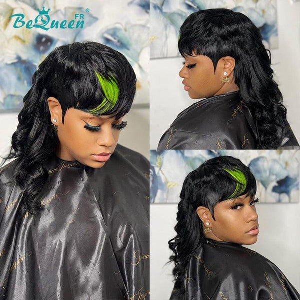 BeQueen "Geraldine" Pixie Wig with Bangs Black and Green 