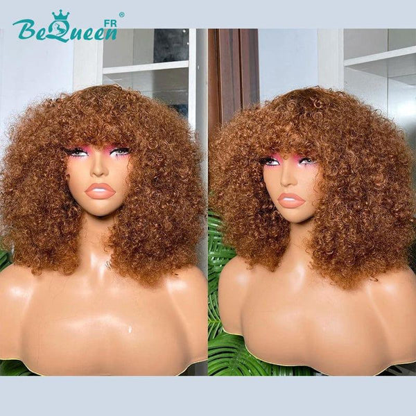 BeQueen “Jackie” Perruque Bob Kinky Curly Marron avec Frange à la machine