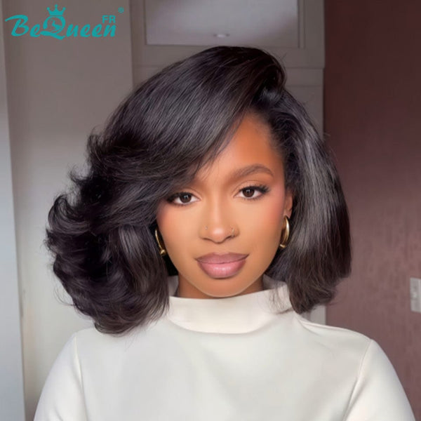 BeQueen “Josée” Perruque Bob lace frontale Kinky Straight noir 12 pouce sans colle avec lanugo