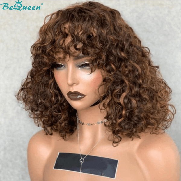 BeQueen Bob Deep Wave Wig with Honey Bangs 4/27 Machine Made