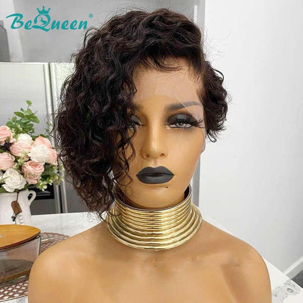 BeQueen Peluca Pixie Frontal de Encaje Rizado Asimétrico Negro/Marrón 