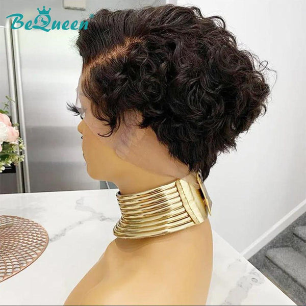 BeQueen Peluca Pixie Frontal de Encaje Rizado Asimétrico Negro/Marrón 