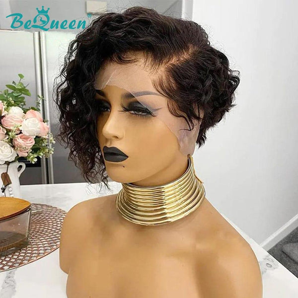 BeQueen Peluca Pixie Frontal de Encaje Rizado Asimétrico Negro/Marrón 