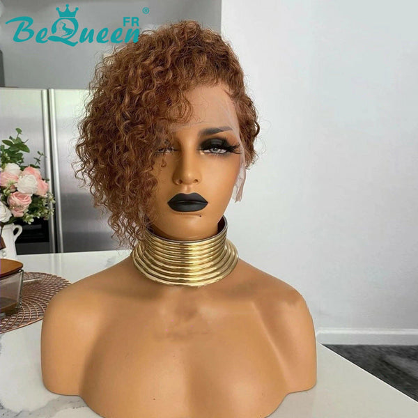 BeQueen Peluca Pixie Frontal de Encaje Rizado Asimétrico Negro/Marrón 