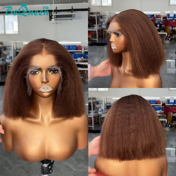 BeQueen “Renile” Perruque Kinky Straight marron volume pleine deux longueurs avec lace frontale 13*4