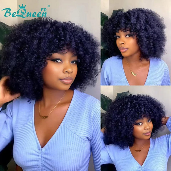 BeQueen „Jackie“ braune, verworrene, lockige Bob-Perücke mit maschinellem Pony 