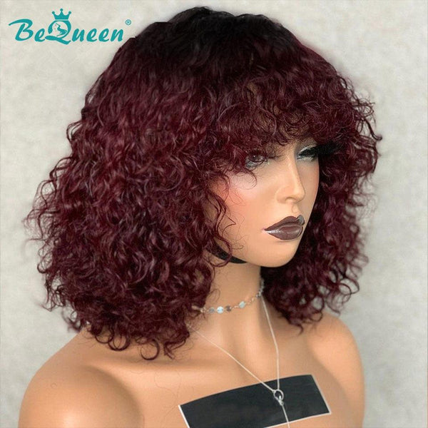 BeQueen Bob Curly Wig with Bangs Burgundy 99J Machine Washable