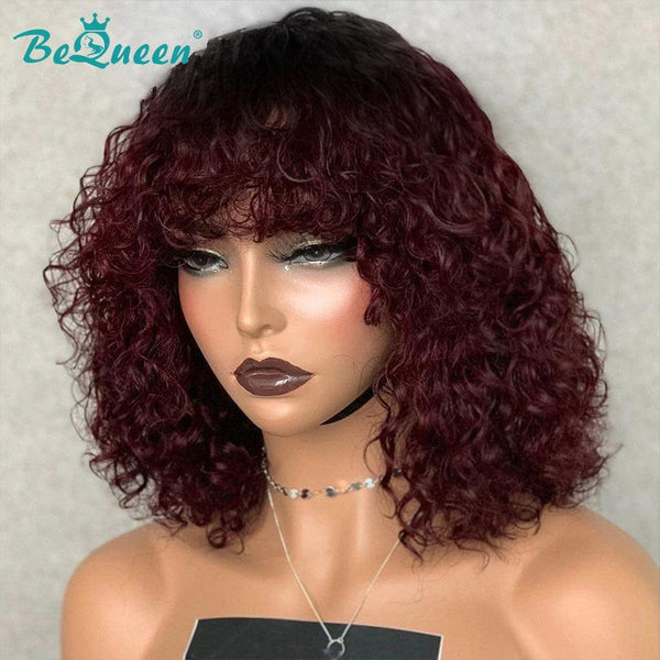 BeQueen Bob Curly Wig with Bangs Burgundy 99J Machine Washable