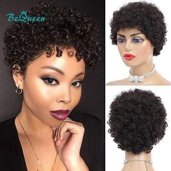 BeQueen Curl Pixie-Haarperücke, braun, Afro-Stil, 100 % Echthaar, maschinell hergestellt 