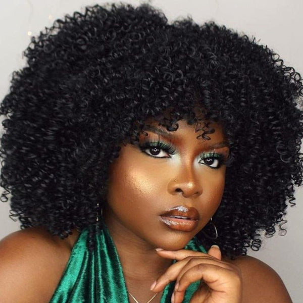 Perruque "Yaya" Afro Kinky Curly Longue avec Frange Boucle Rebondissant à la machine