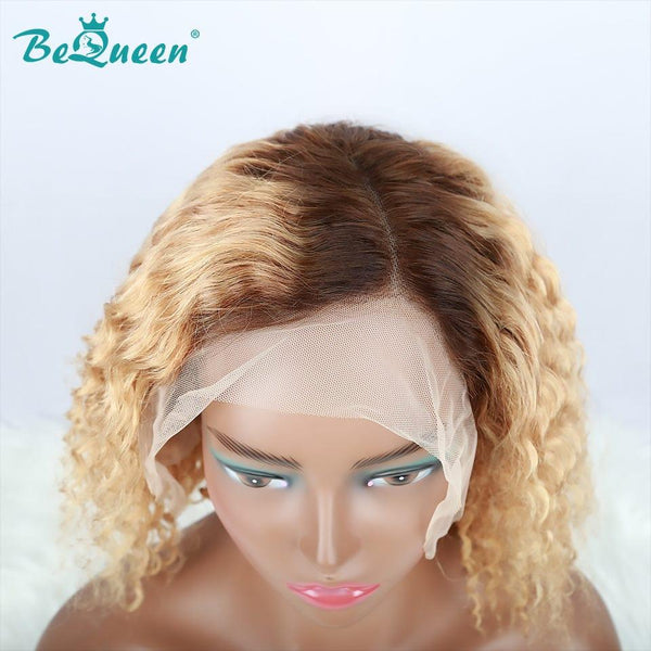 BeQueen Bob asymmetrische lockige Lace-Front-Perücke, 13 x 4, Farbe 4/27, 100 % Echthaar 