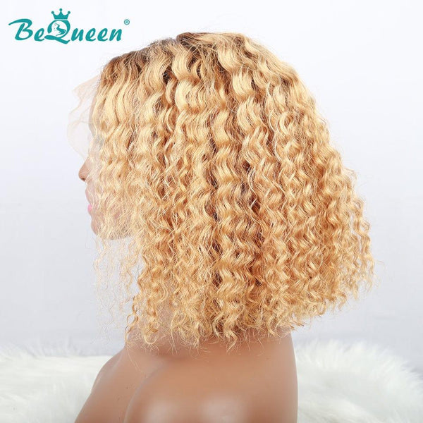 BeQueen Bob asymmetrische lockige Lace-Front-Perücke, 13 x 4, Farbe 4/27, 100 % Echthaar 