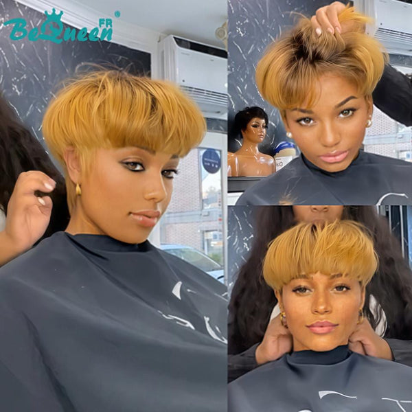 BeQueen  "suey" Perruques Pixie Noir et Miel Lisse Courte à la machine