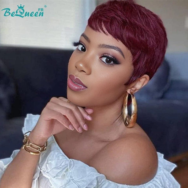 Bequeen “Liza” Straight Pixie Wigs with Machine Bangs Burgundy Red
