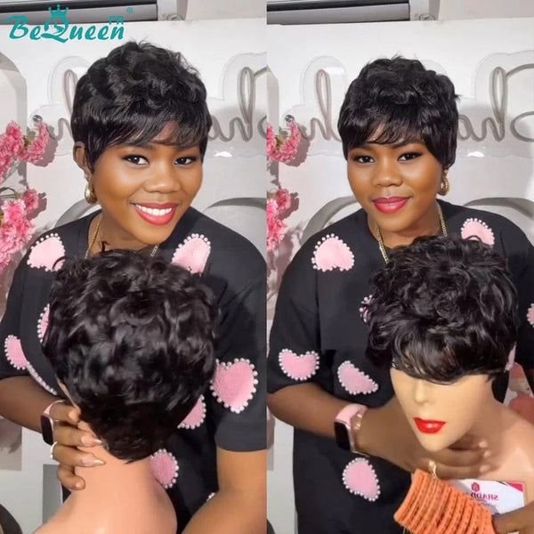 Bequeen “Liza” Straight Pixie Wigs with Curly Bangs Machine Made