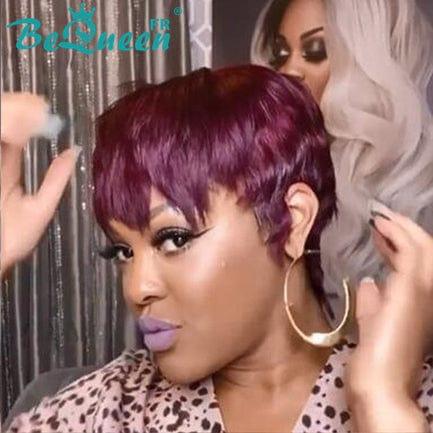 BeQueen Perruque Pixie lisse avec frange Bordeaux Rouge à la Machine