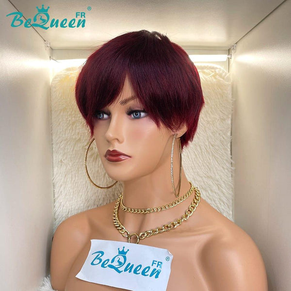BeQueen Perruque Pixie lisse avec frange Bordeaux Rouge à la Machine