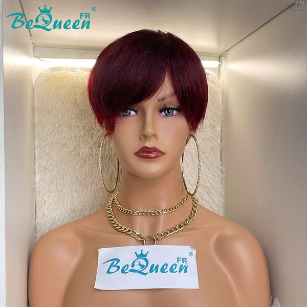 BeQueen Perruque Pixie lisse avec frange Bordeaux Rouge à la Machine