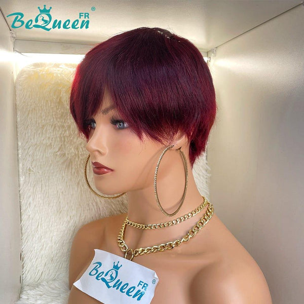 BeQueen Perruque Pixie lisse avec frange Bordeaux Rouge à la Machine