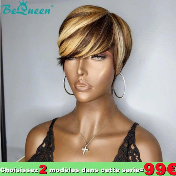 Bequeen Perruque Pixie Lisse Courte Vintage Miel Châtain à la machine