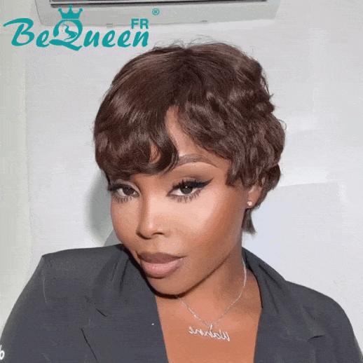 BeQueen Brown Color Wavy Pixie Wig with Bangs Machine Made