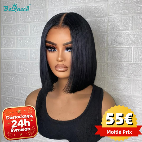 BeQueen “Sonia” Perruque Bob 10 pouces lisse couleur Noir avec lace frontale sans colle En France Soldes 24h livraison 100% cheveux humains