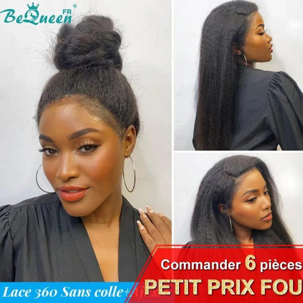 BeQueen "Iwa" Perruque Longue Lace 360 Kinky straight Bords Bouclés avec Bande de Réglage Invisible Prêt à porter Sans Colle+ Pré-blanchiment Petit Prix FOU