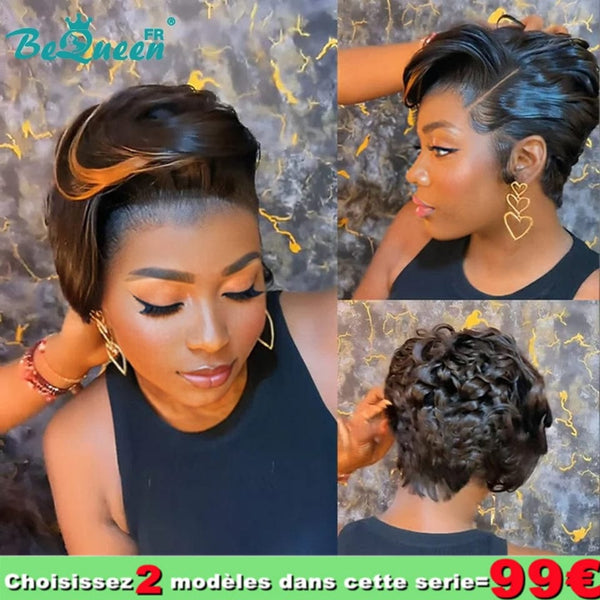 
BeQueen 99€ = 2 pelucas "Edwina" Peluca Pixie Afro rizada con Frontera de Encaje 13x4 Miel