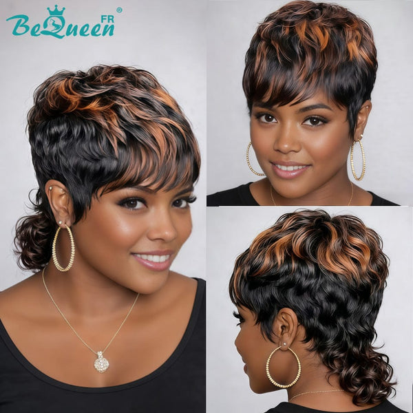 BeQueen "Politain" Pixie-Perücke ohne Kleber, Farbe: Schwarz, Mix aus Braun und Orange